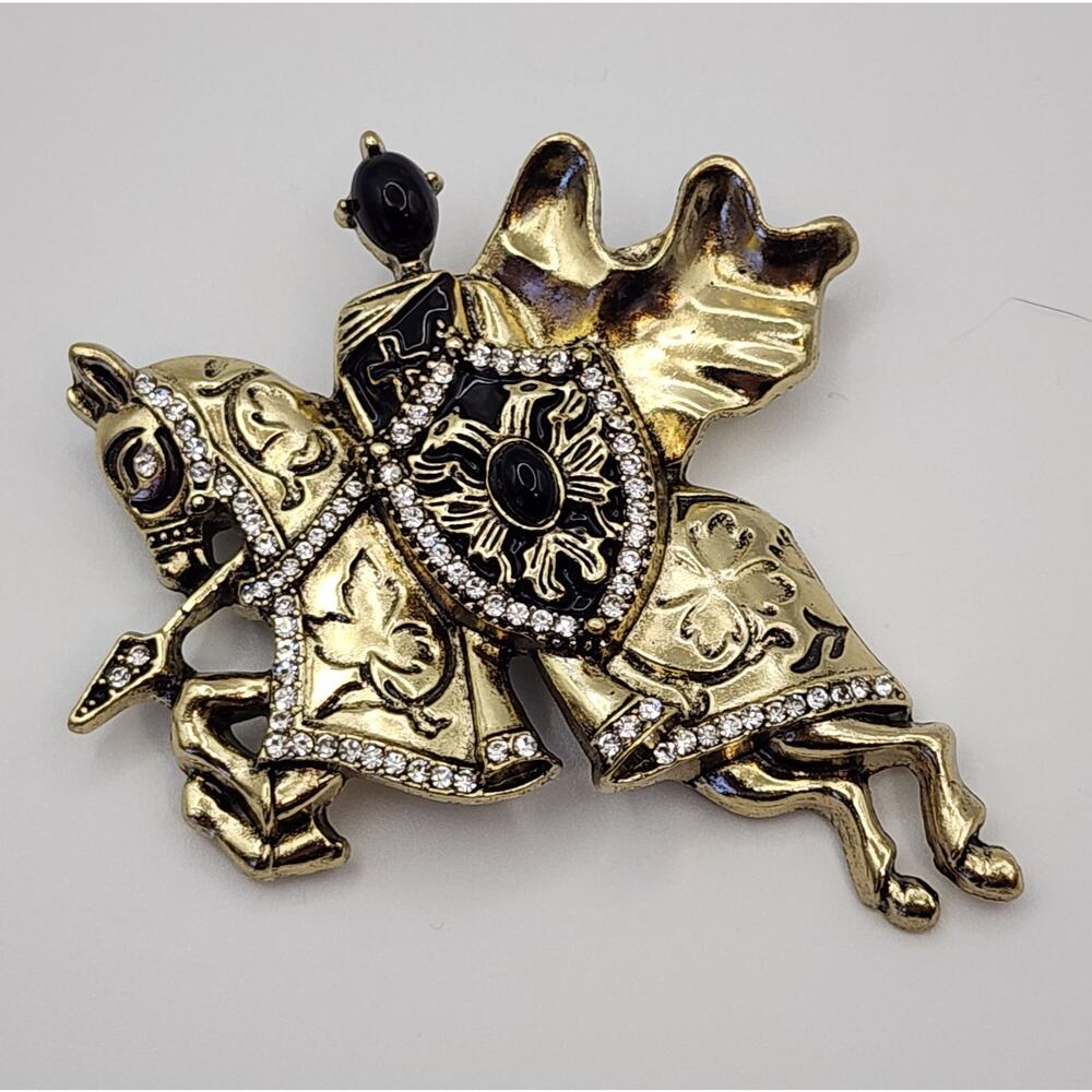 Medieval Knight Horse Brooch Gold Tone Black Enamel Rhinestone Jousting Shield